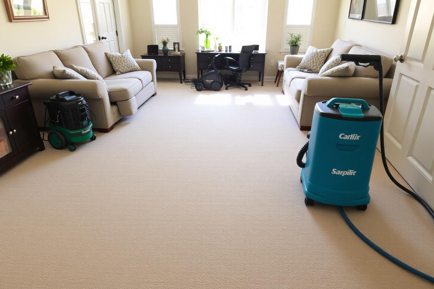Freshly cleaned living room carpet with professional cleaning equipment